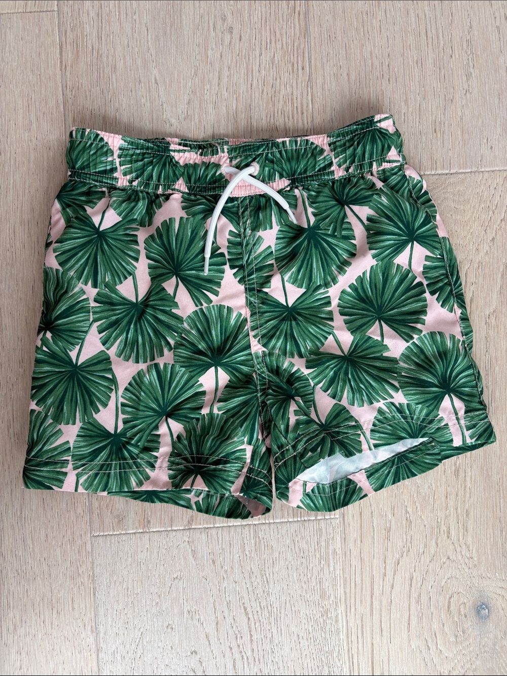Janie and Jack Pink Swim Trunks with Green Palm Print